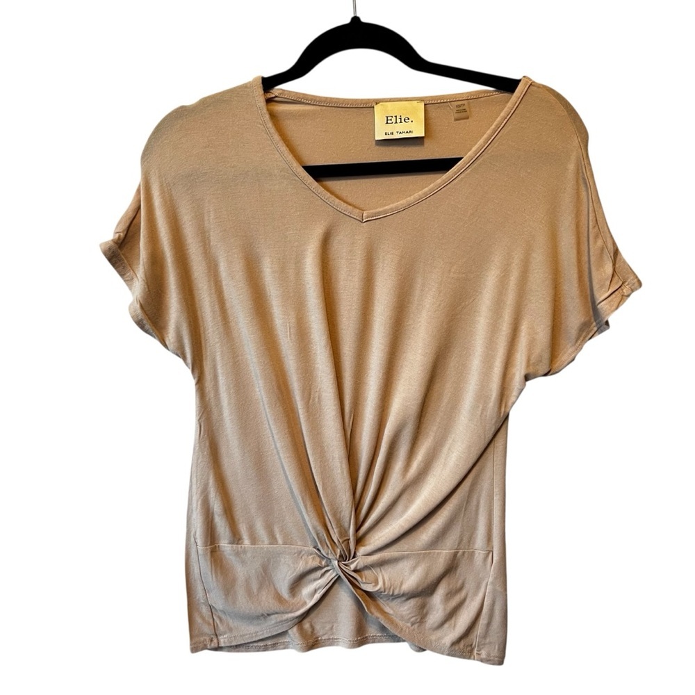 Elie Tahari twist front tee XS Cream Light beige V-neck Womens top Modal stretch